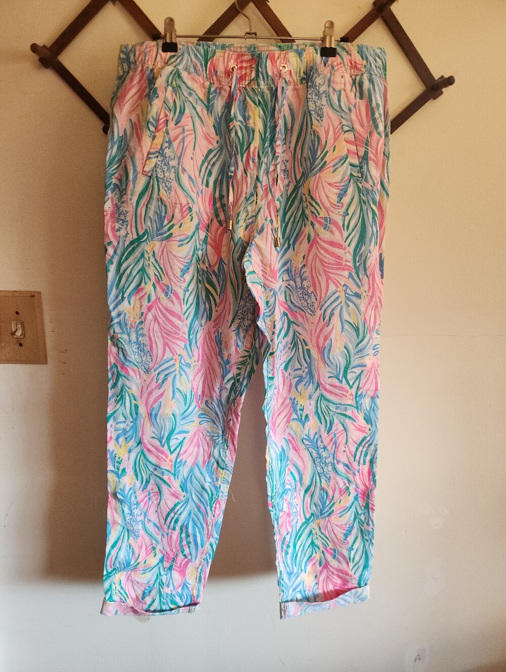 Lilly Pulitzer Tropical Print Pull-On Pants Pink Green 100% Linen Large